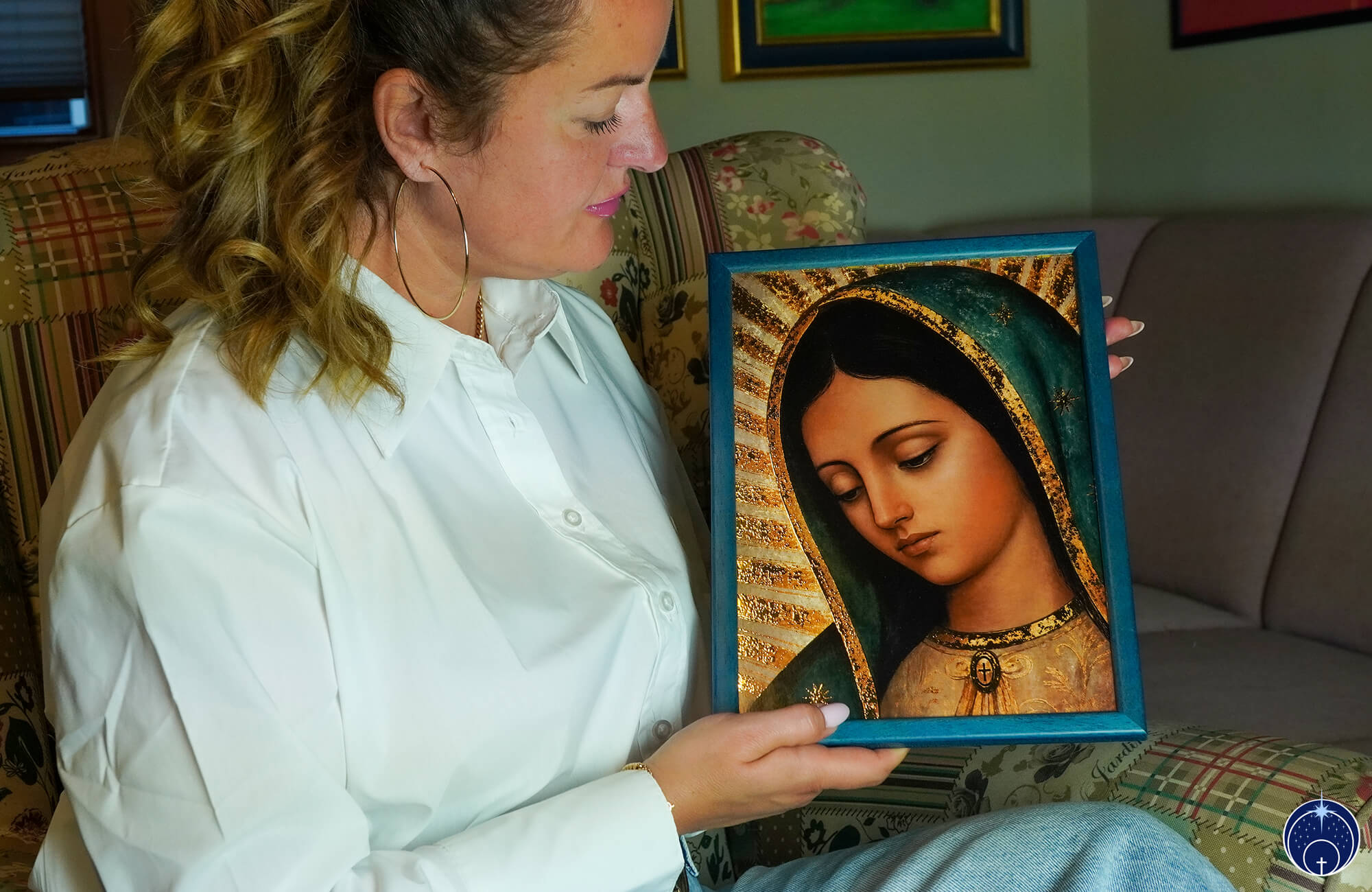 Antlitz Unserer Lieben Frau von Guadalupe - Digitaler Golddruck (Blau Rahmen) (12)