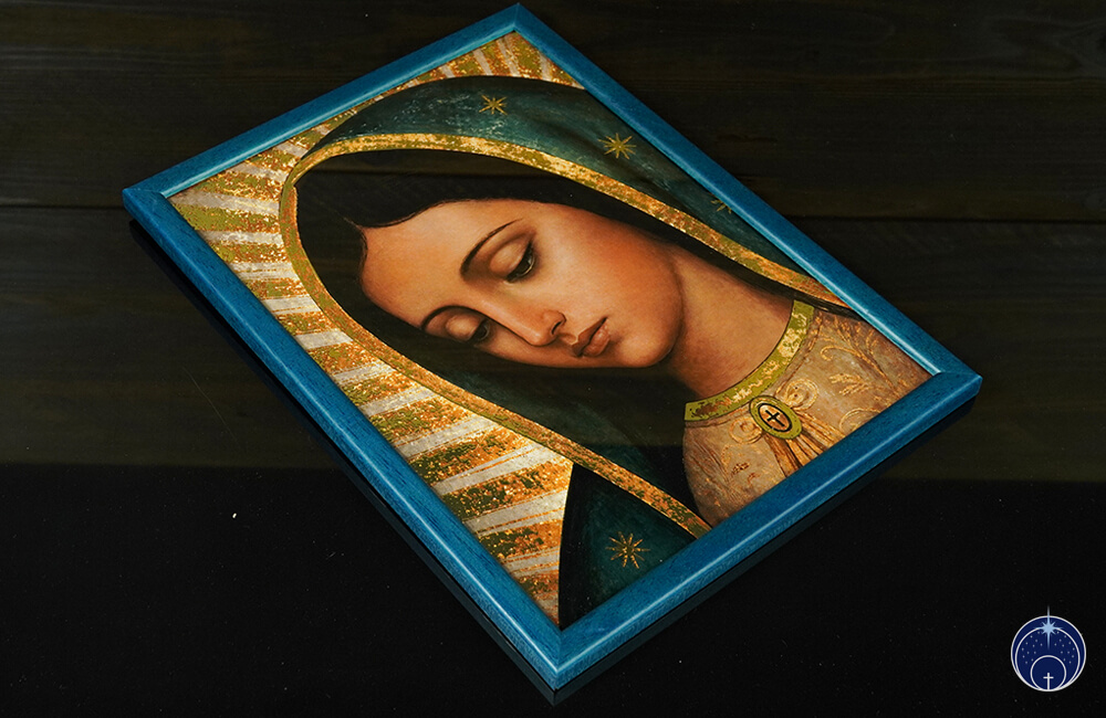 Antlitz Unserer Lieben Frau von Guadalupe - Digitaler Golddruck (Blau Rahmen) (2)