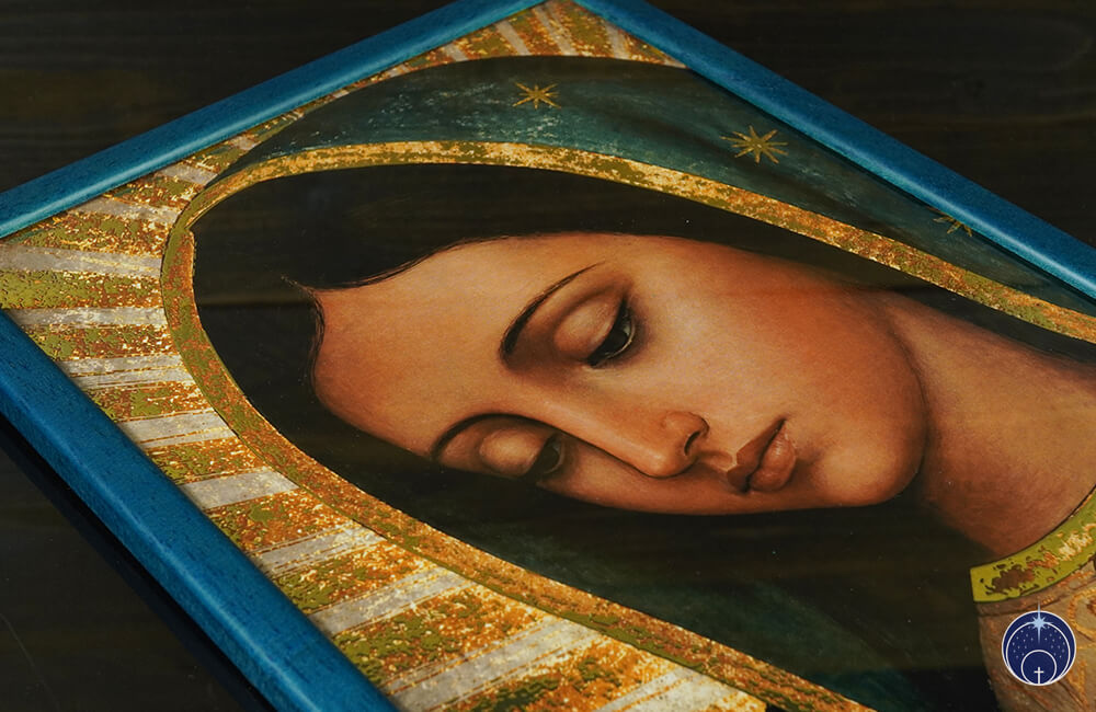 Antlitz Unserer Lieben Frau von Guadalupe - Digitaler Golddruck (Blau Rahmen) (5)