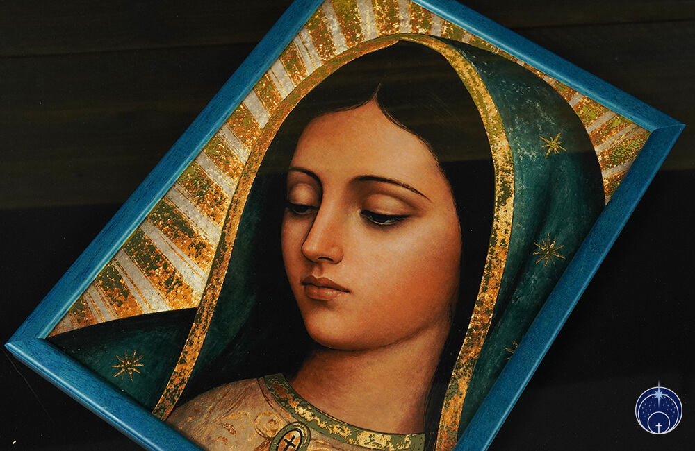 Antlitz Unserer Lieben Frau von Guadalupe - Digitaler Golddruck (Blau Rahmen) (6)