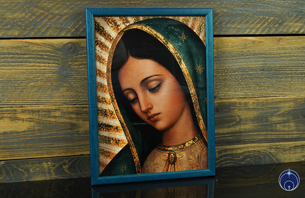 Antlitz Unserer Lieben Frau von Guadalupe - Digitaler Golddruck (Blau Rahmen) (8)